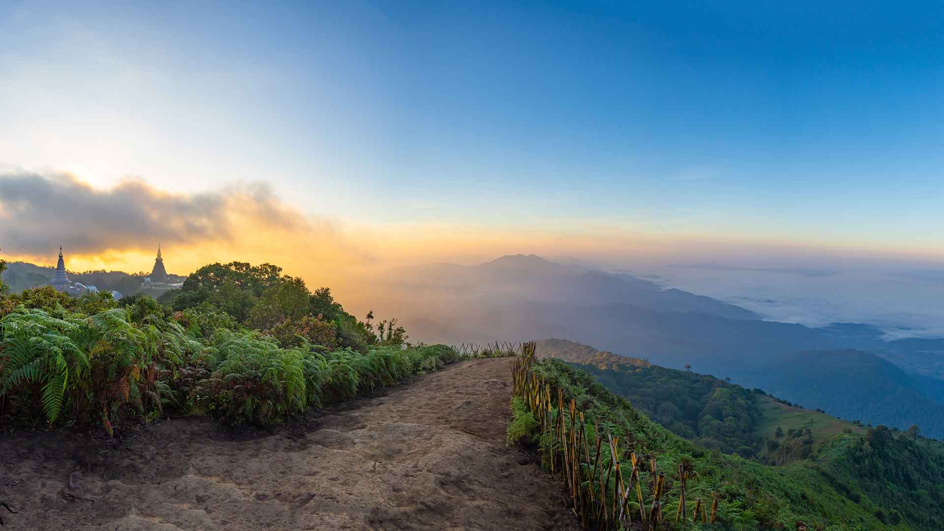morning sunrise at the viewpoint area of the beautiful Kew Mae Pan on Doi Inthanon mountain in Chiang Mai, Thailand
