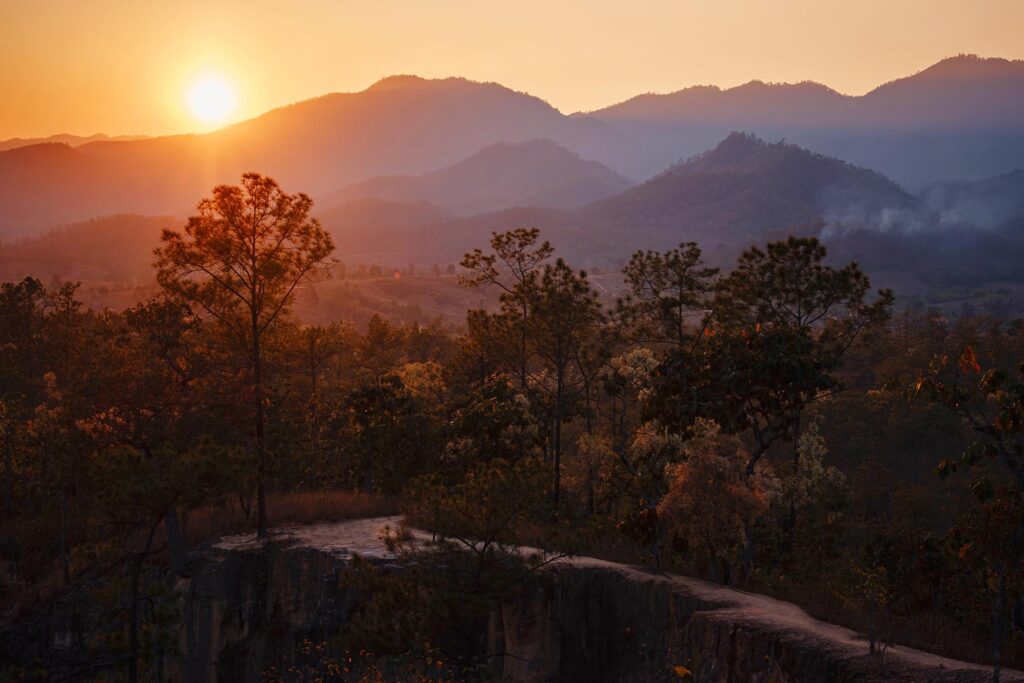 Pai Canyon Kong Lan in Mae hong son, northern Thailand. Beautiful sunset in scenic valley of Pai famous tourist attraction